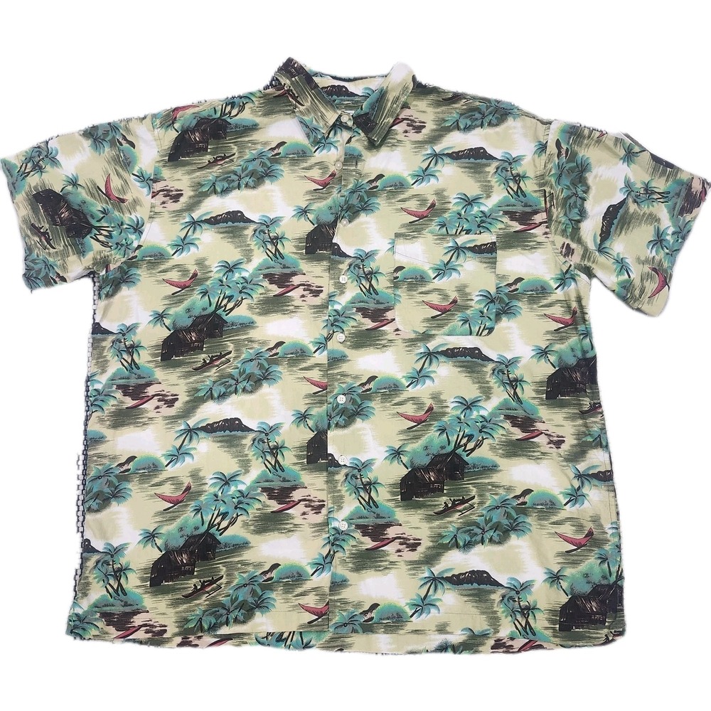 Old‎ Navy Hawaiian Shirt Men XXL Beige Tropical Island Camp Aloha Button Up